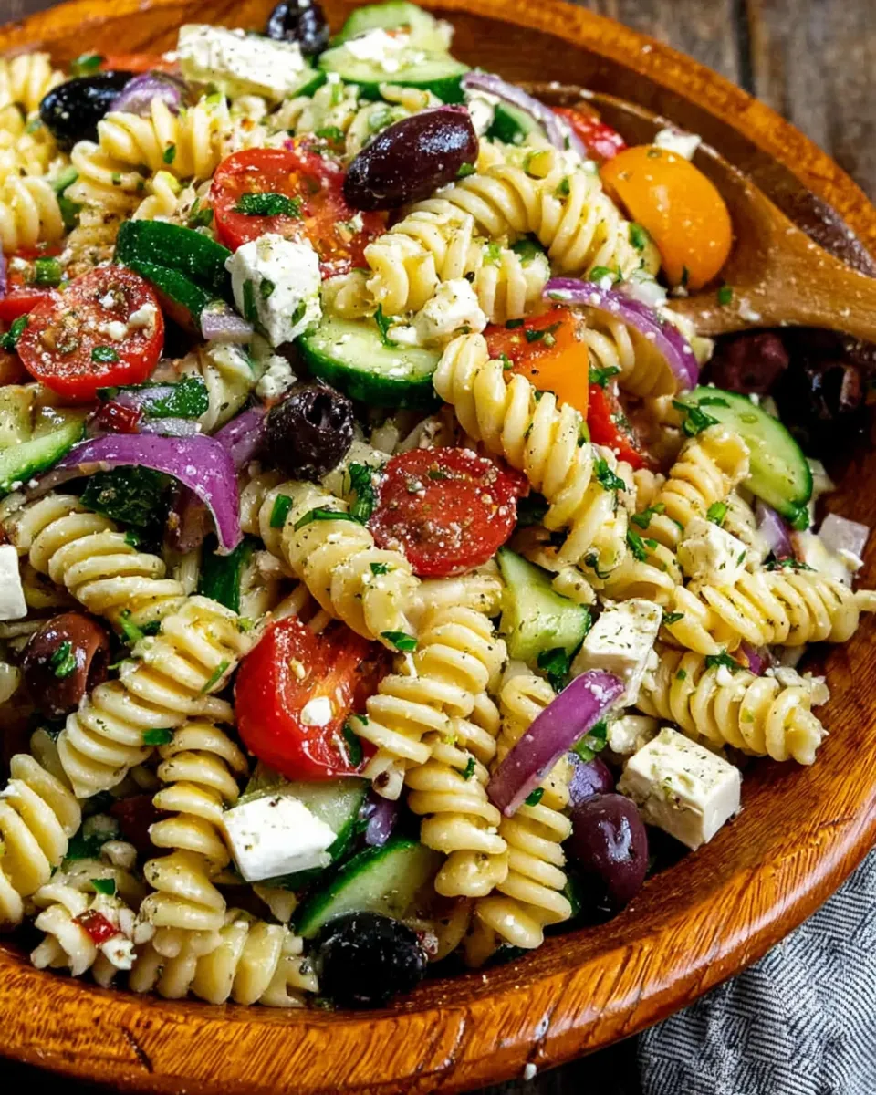 Easy Greek Pasta Salad in a rustic bowl with fresh vegetables