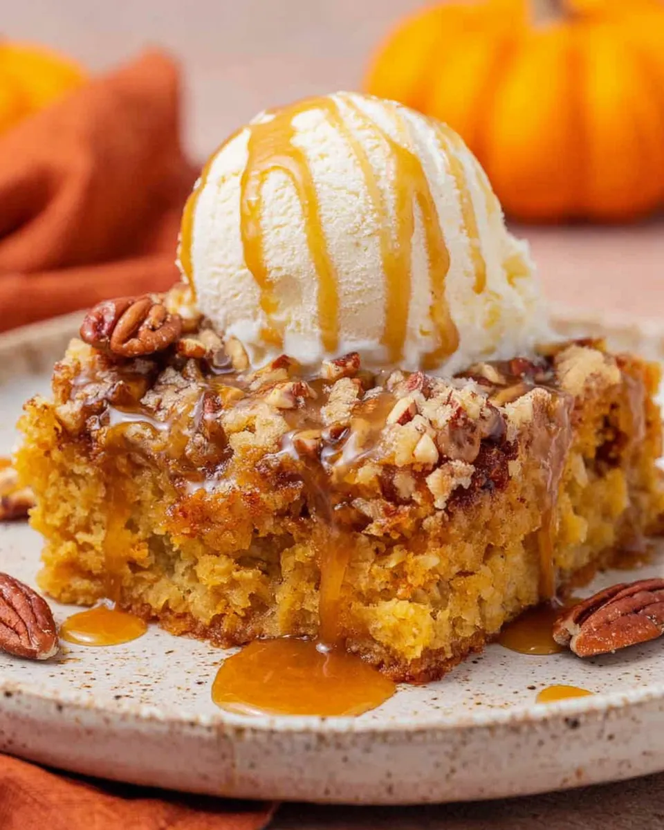 Easy pumpkin dump cake topped with whipped cream on a white plate.
