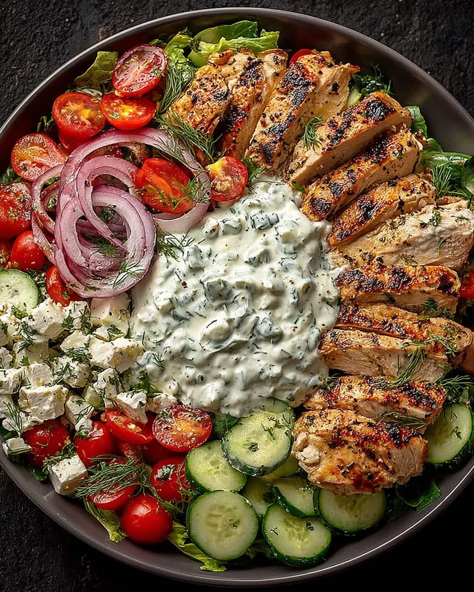 Served grilled chicken Greek salad bowl with tzatziki