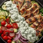 Epic grilled chicken Greek salad bowl with tzatziki