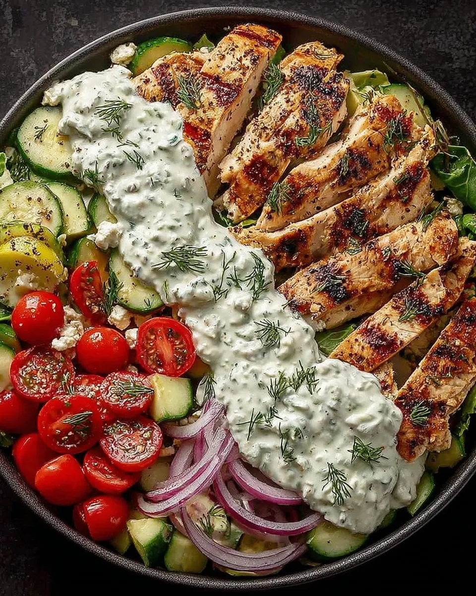 Epic grilled chicken Greek salad bowl with tzatziki