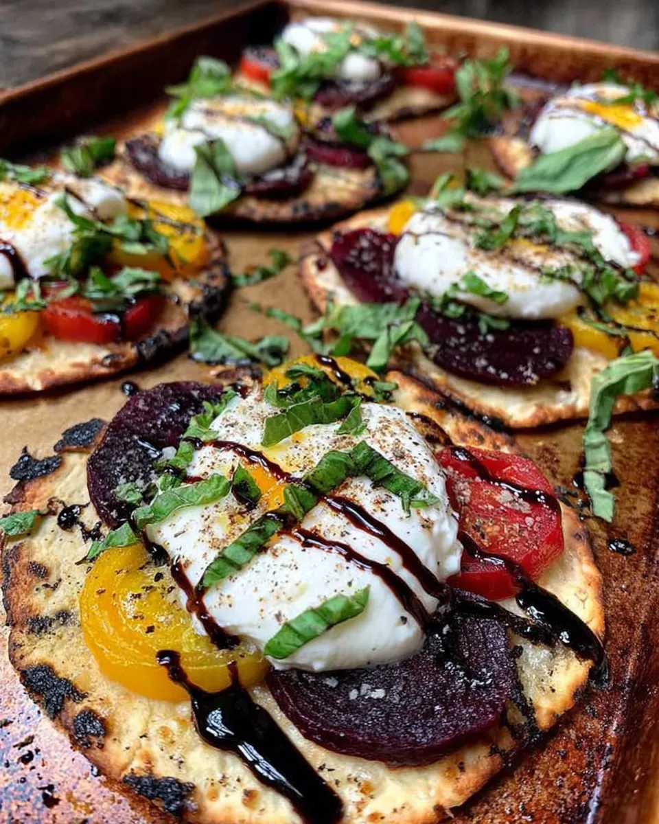 Flatbread with burrata, roasted beets, and orange zest on rustic table