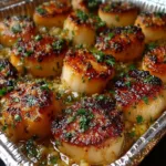 Scallops plated with garnish and linen napkin for blog card