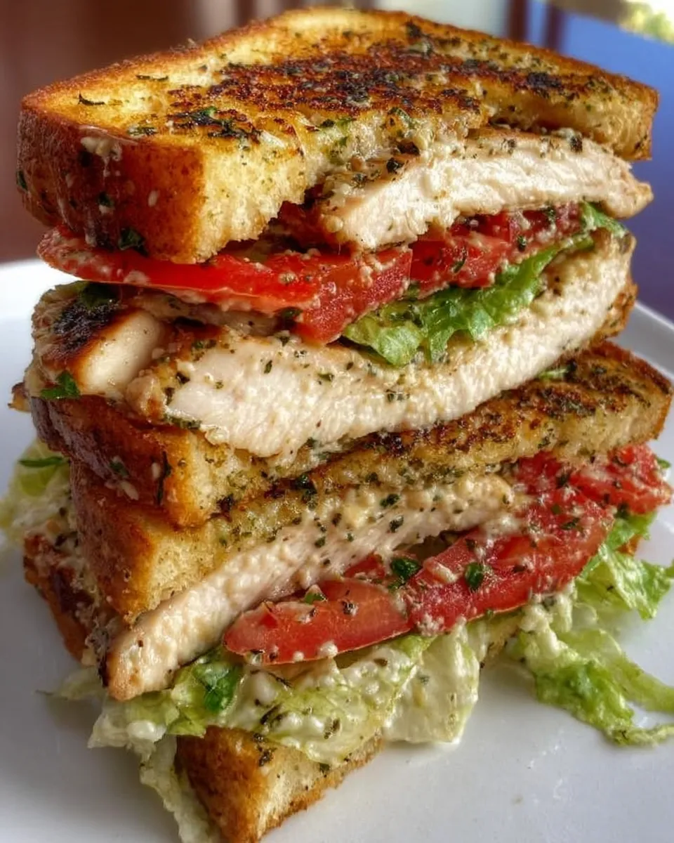 Garlic Butter Grilled Chicken Sandwich stacked with lettuce and tomato