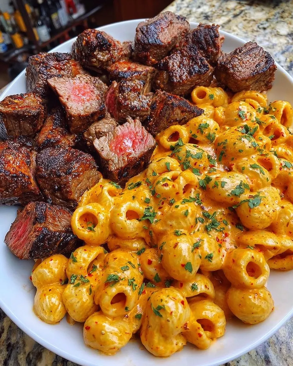 Garlic Butter Steak Bites with Creamy Mozzarella Rigatoni