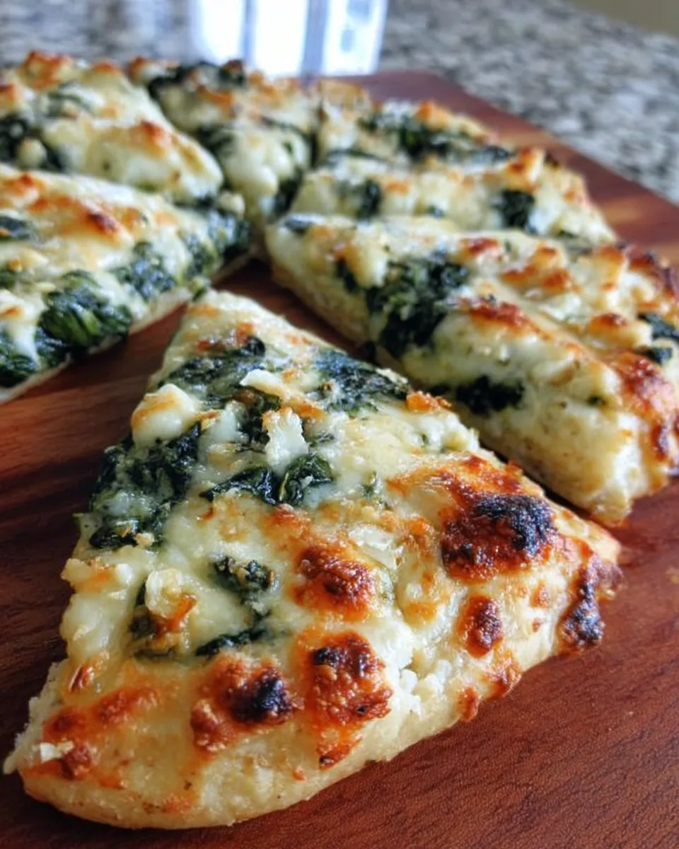 Garlic and spinach white pizza on cottage cheese crust, sliced and served.