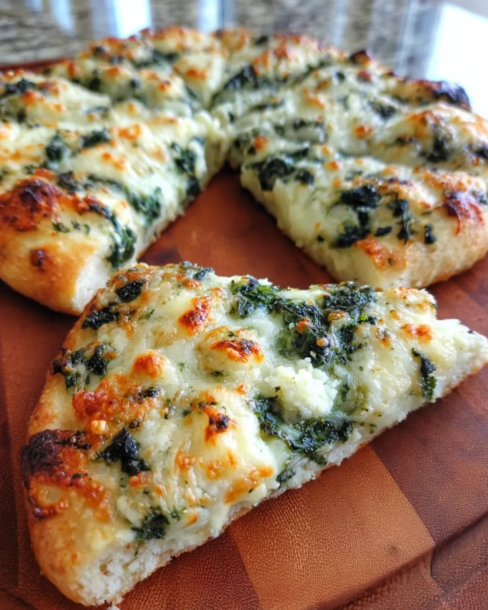 Garlic and spinach white pizza on cottage cheese crust ready to serve.