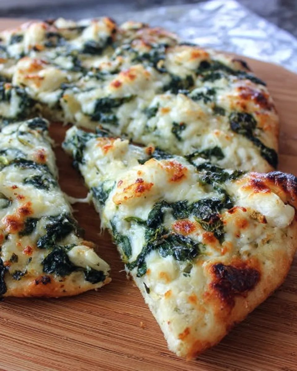 Garlic and spinach white pizza baked on a golden cottage cheese crust, topped with melted mozzarella and fresh basil.