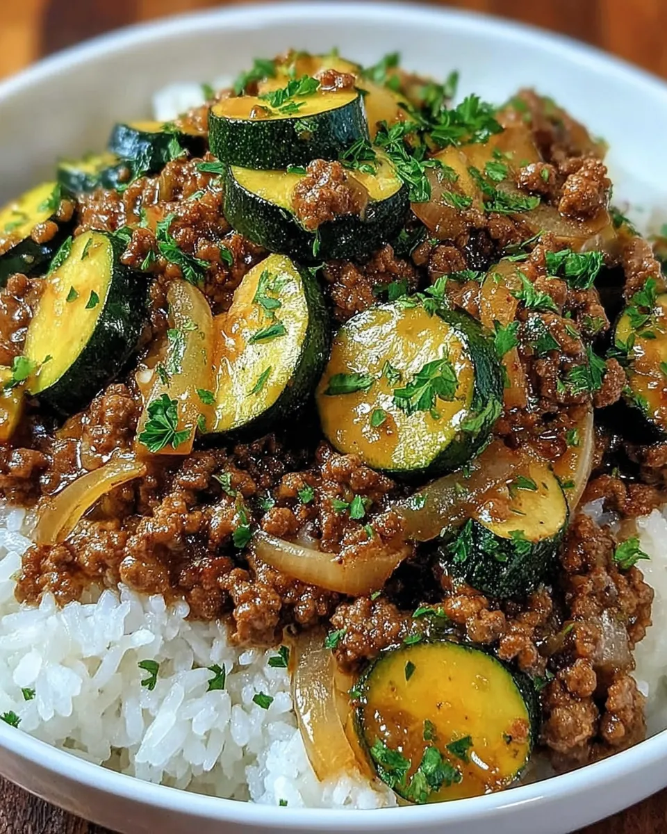 Greek-style beef and zucchini rice bowl served fresh