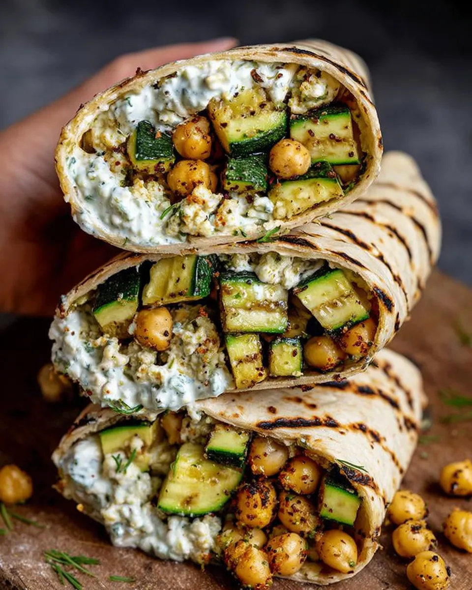 Grilled zucchini and feta chickpea wrap with herbed yogurt