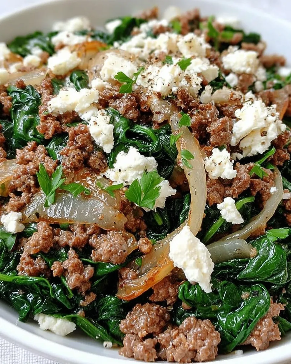 Serving of ground beef and spinach skillet on plate with garnish