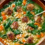 Bowl of Italian Wedding Soup with meatballs, pasta, and spinach in broth.