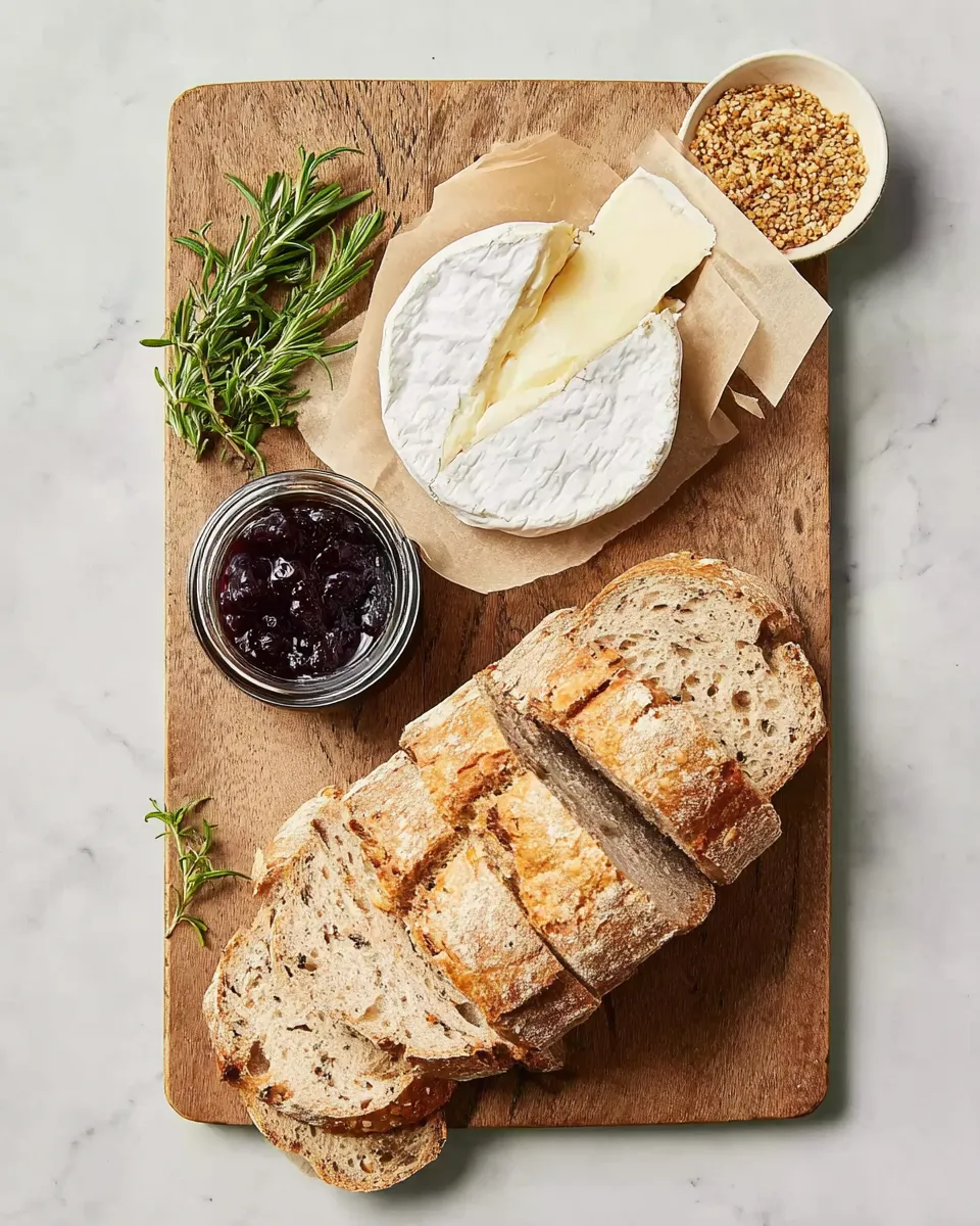 Ingredients for Brie and Blackberry Jam Grilled Cheese on cutting board
