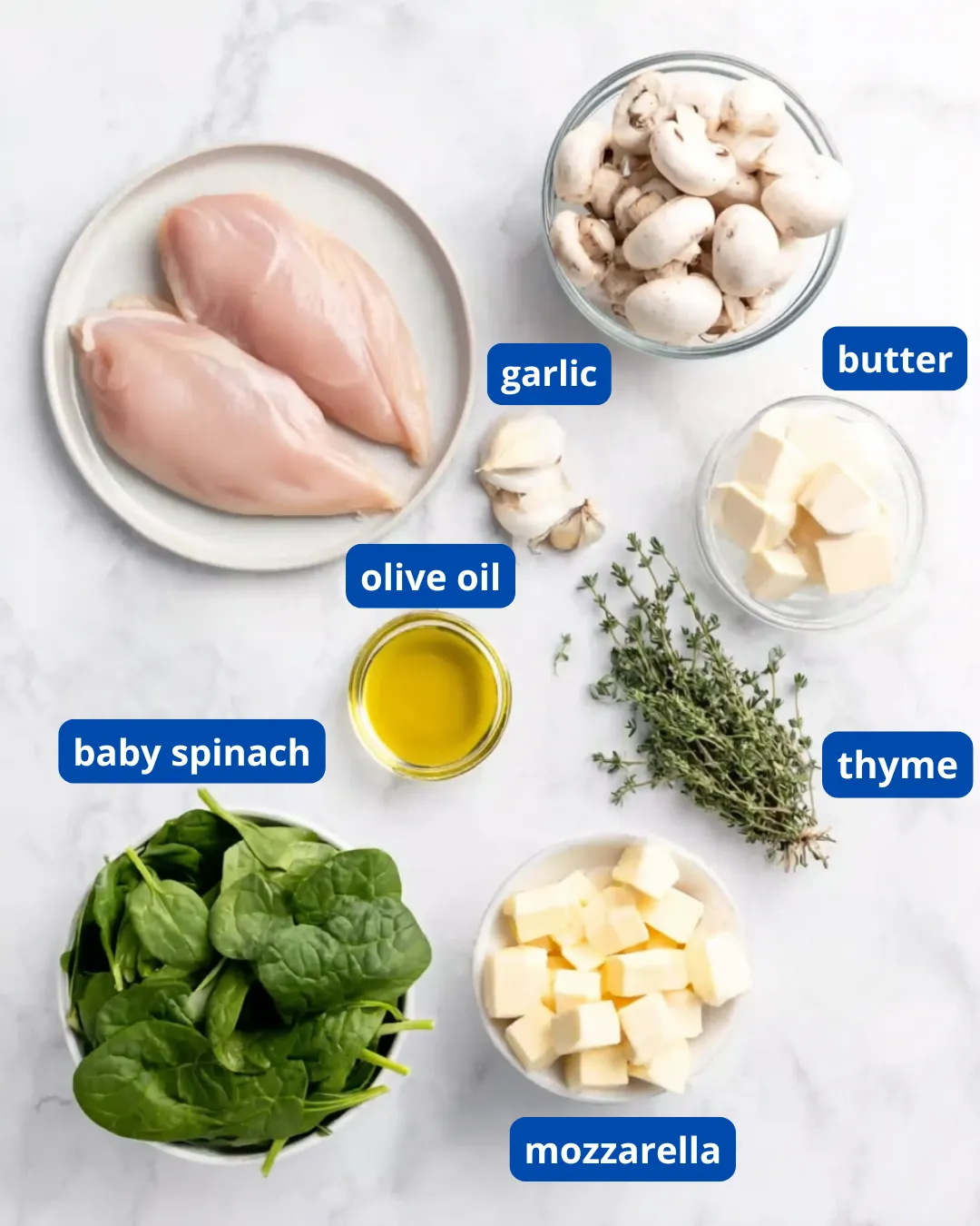 ingredients for mushroom stuffed chicken laid out on counter