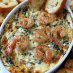 Golden seafood dip in skillet ready to serve