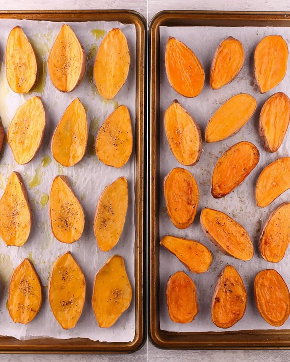 Before and after roasting sweet potato slices on parchment-lined baking sheets