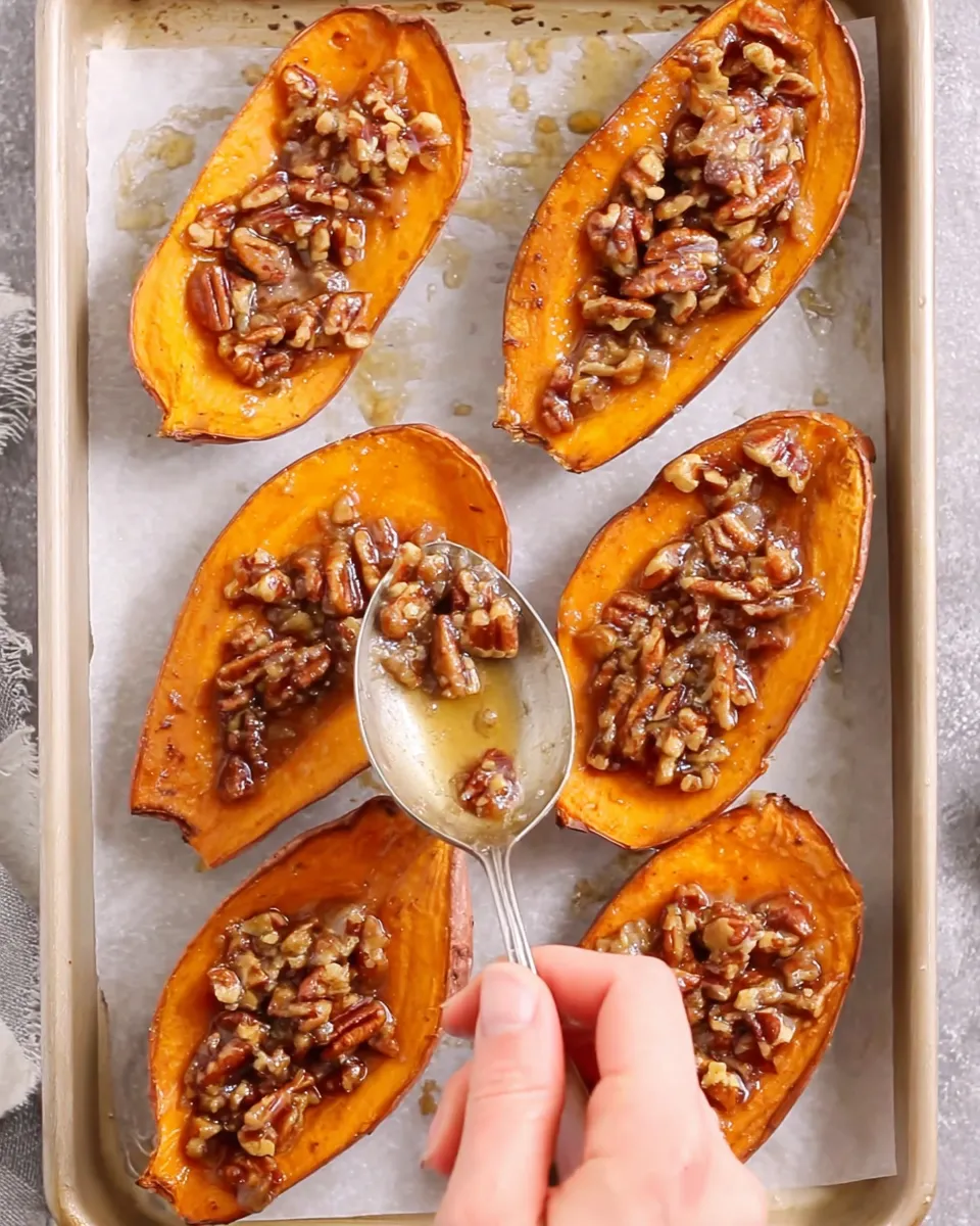 Maple garlic butter sweet potatoes served on platter with pecans and herbs