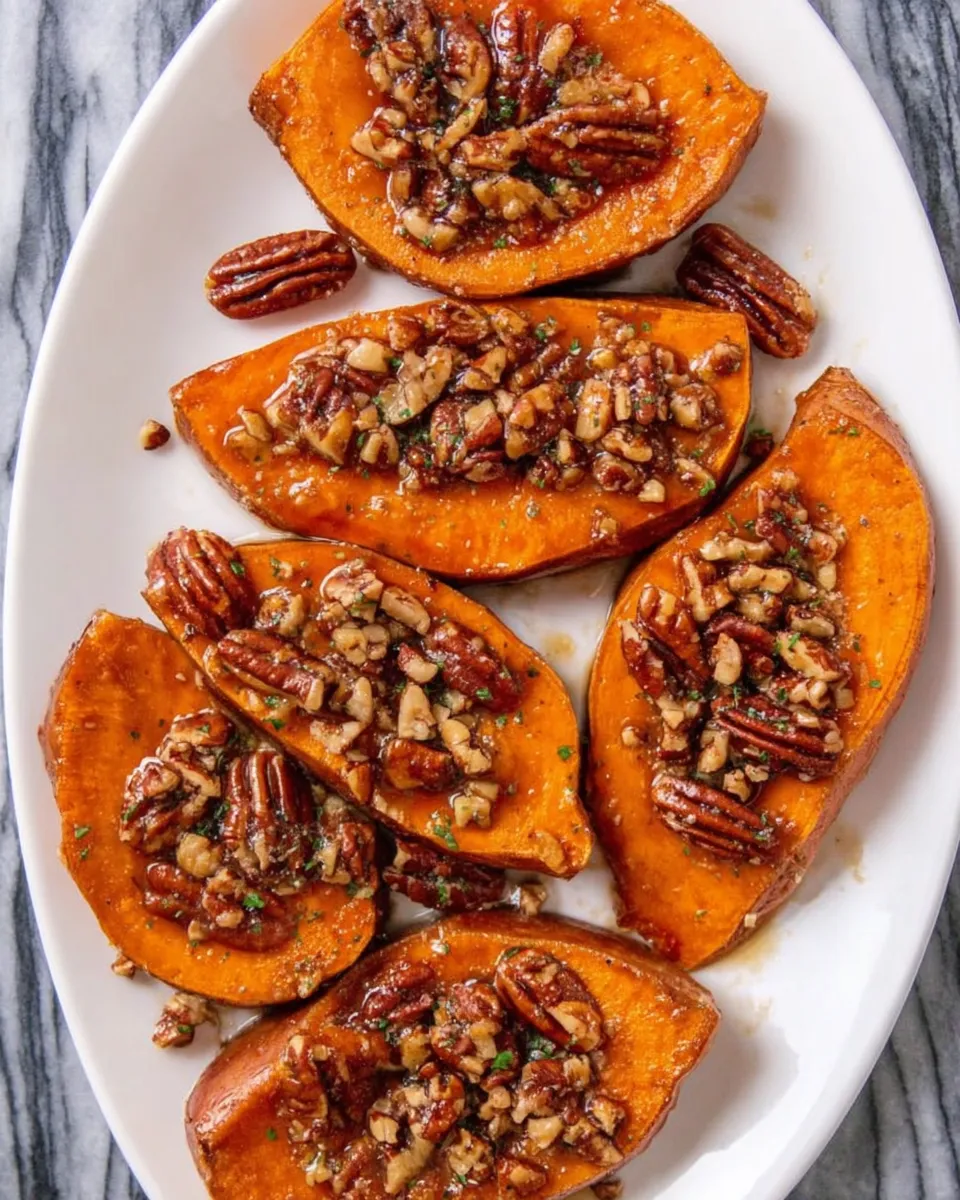 Maple garlic butter sweet potatoes with toasted pecans on rustic baking tray