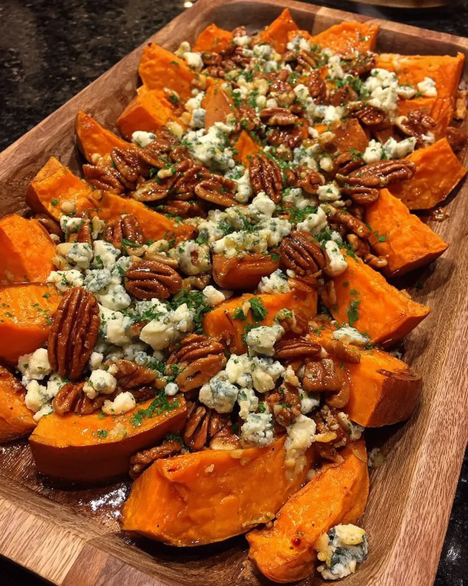 Maple-roasted sweet potatoes in a fall-themed setting with blue cheese and pecans