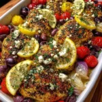 Baked Mediterranean Chicken Bake with Lemon, Olives and Feta just out of the oven