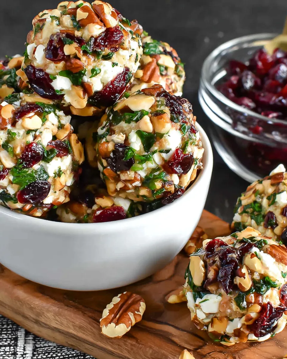 Mini goat cheese balls in a white bowl with cranberries and pecans