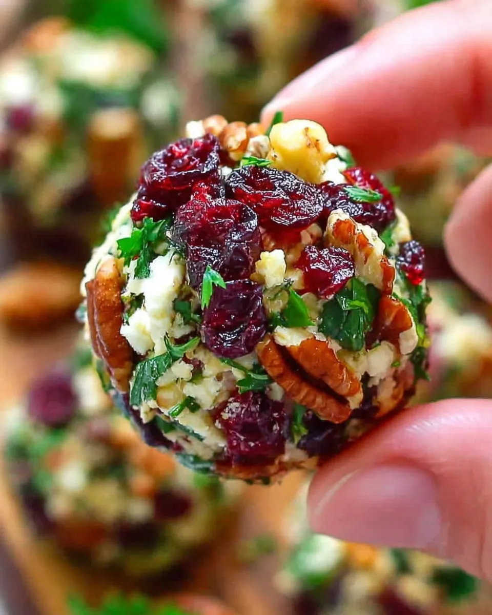 Close-up of mini cranberry pecan goat cheese ball held between fingers
