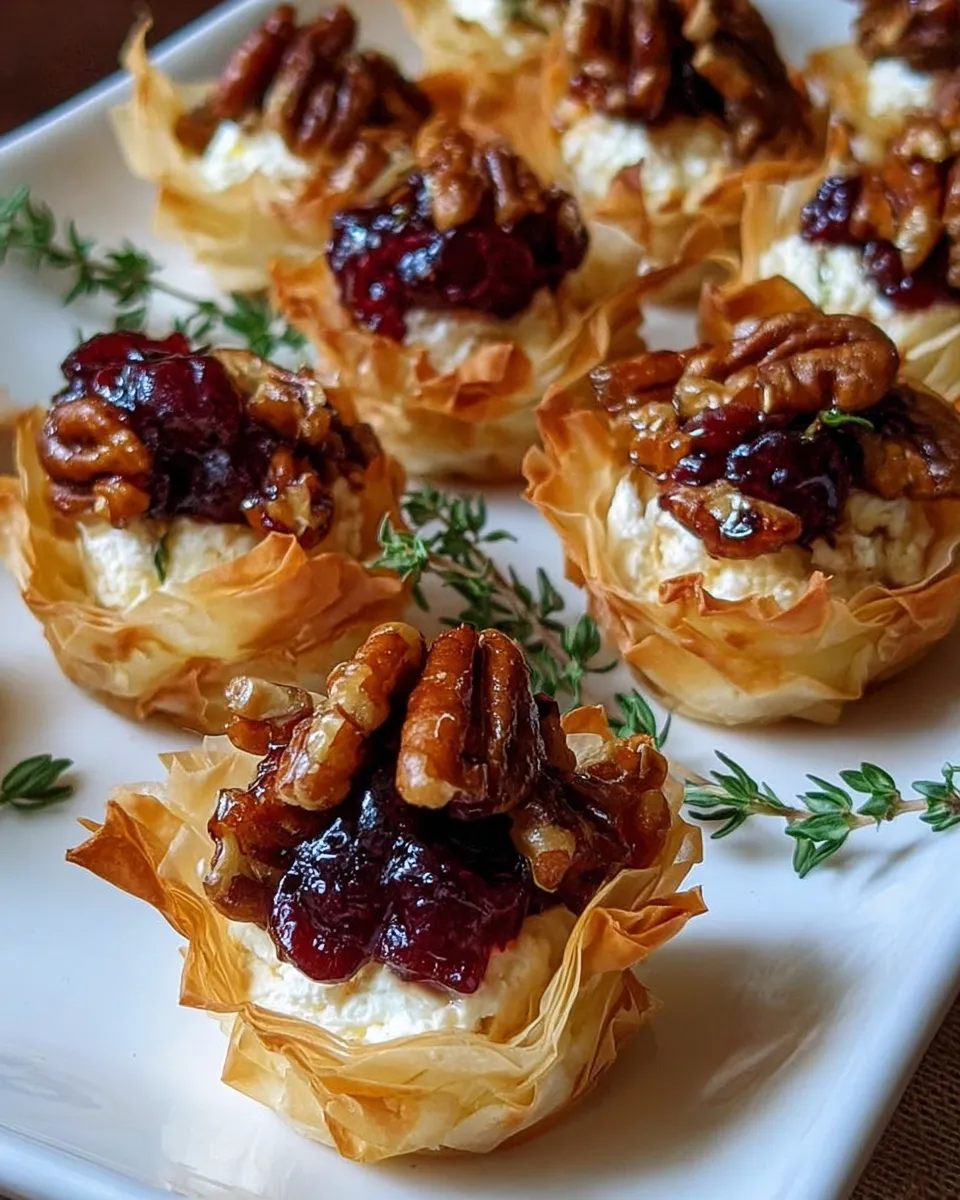Mini phyllo cups filled with Brie and pecans before baking