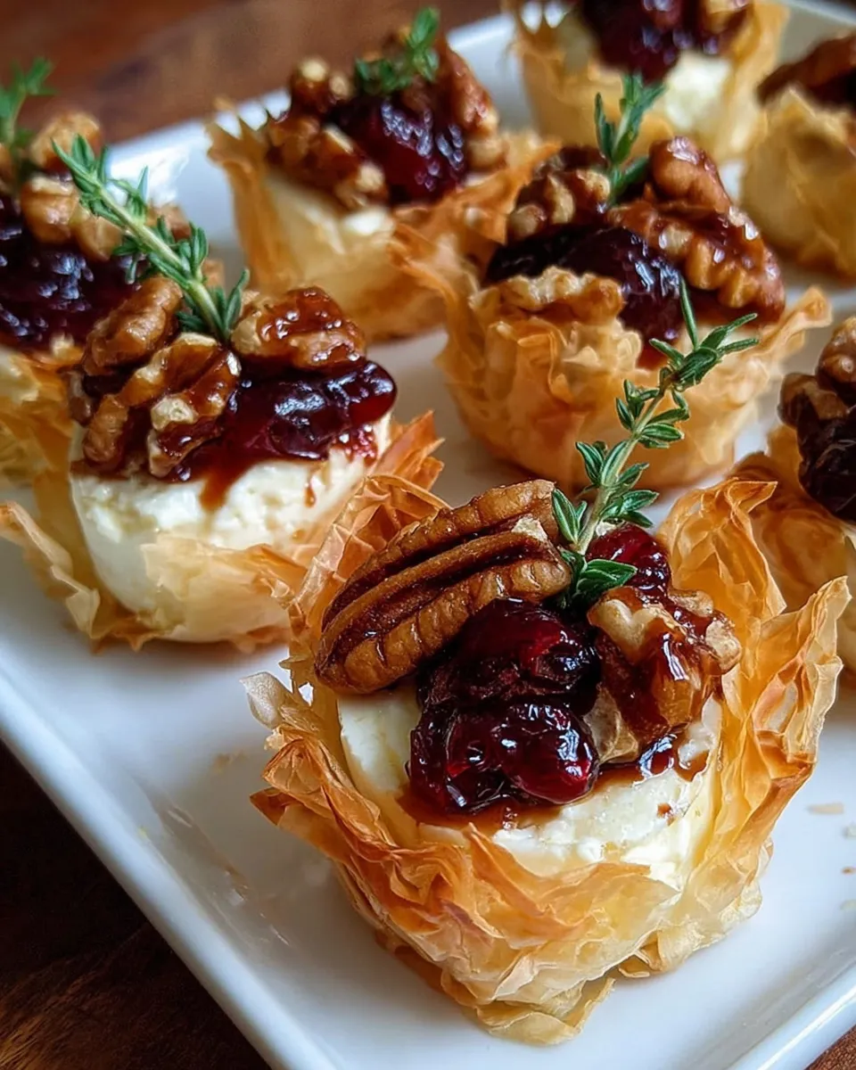 Mini Phyllo Cups with Brie, Pecans and Cranberry Drizzle on a holiday table