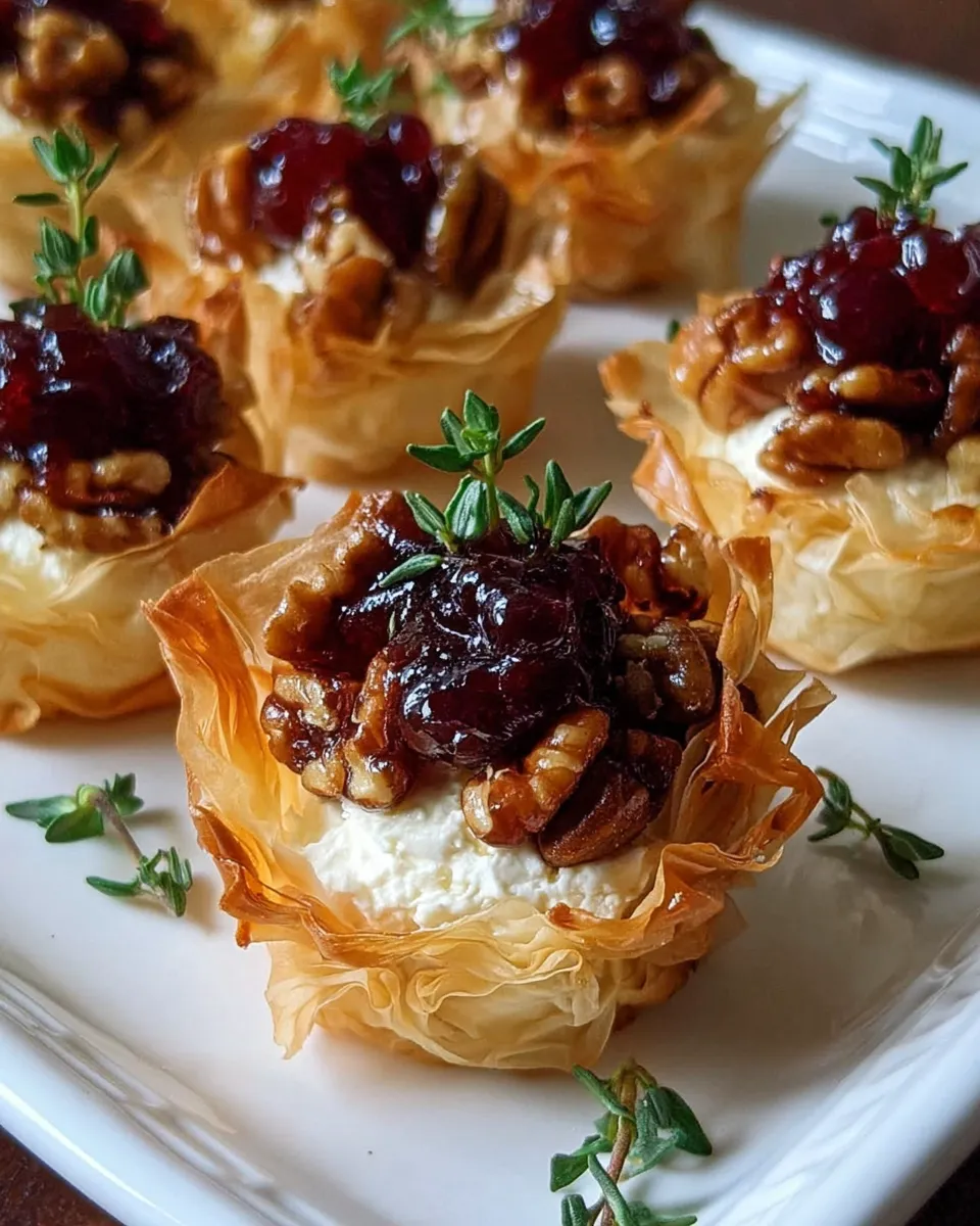 Mini Phyllo Cups with Brie, Pecans and Cranberry Drizzle served on a wooden board