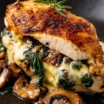 mushroom stuffed chicken breast sliced on plate with melted cheese