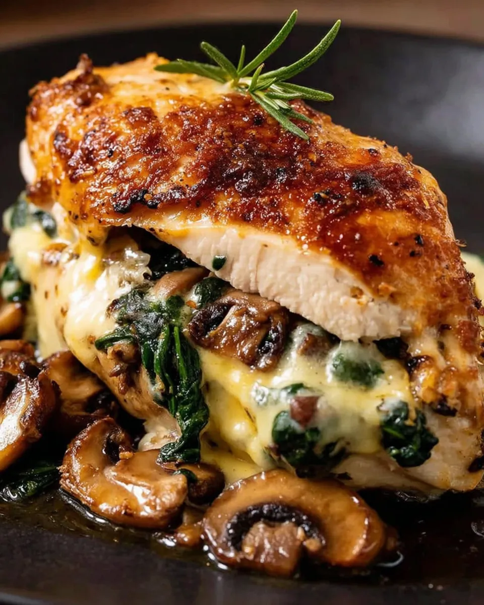 mushroom stuffed chicken breast sliced on plate with melted cheese