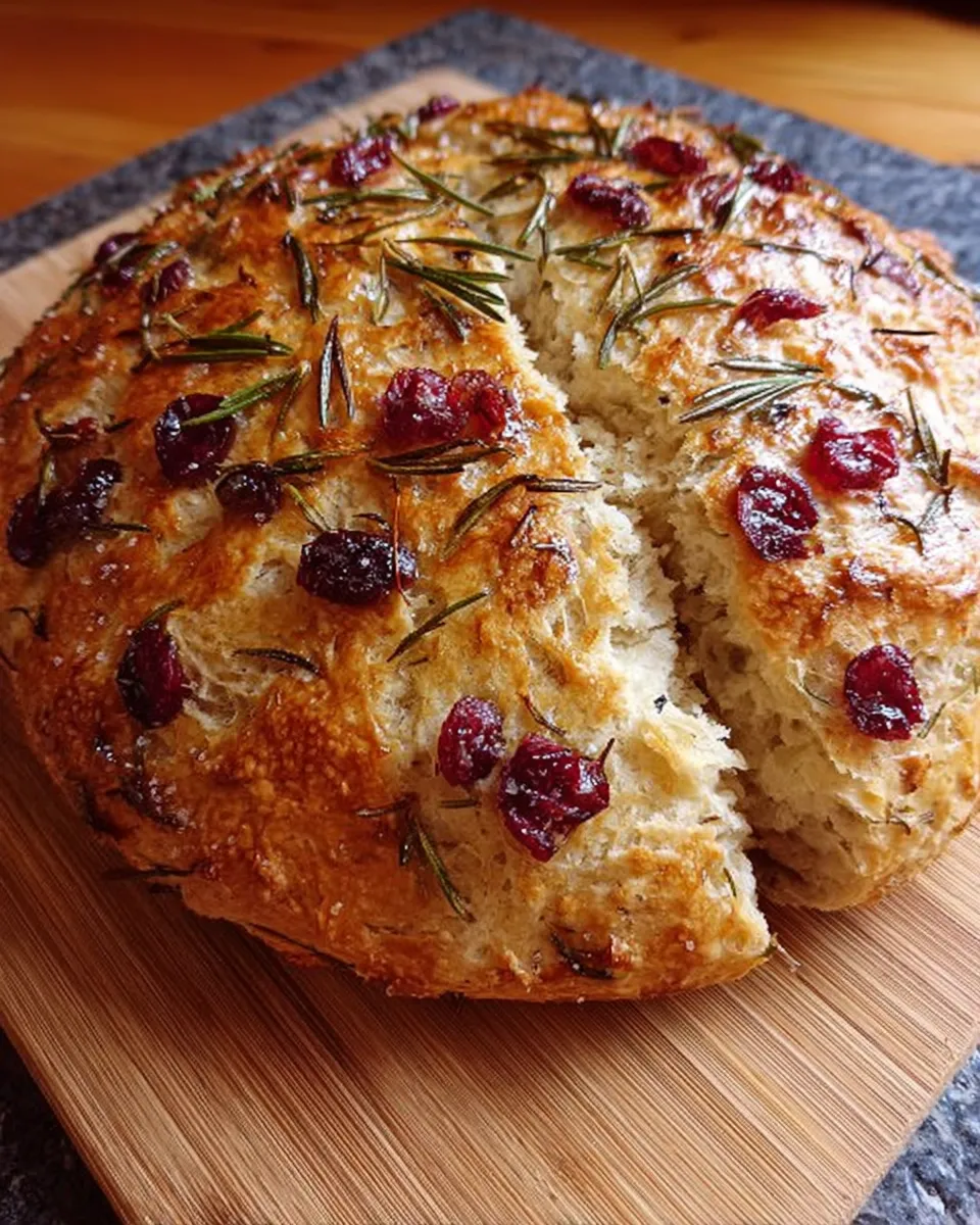 Sliced rosemary cranberry bread served with cheese and fruit