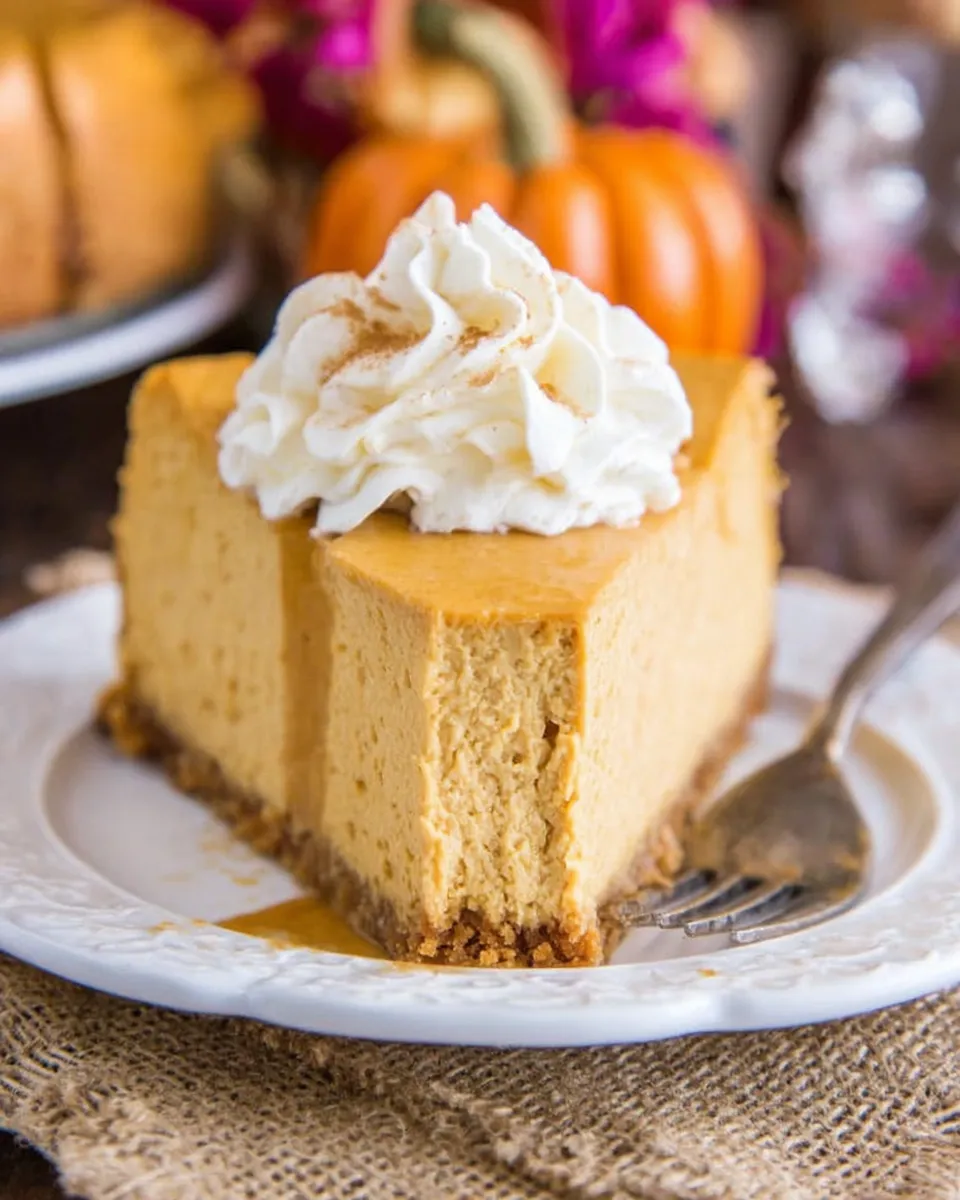 Slice of pumpkin cheesecake topped with whipped cream and cinnamon.