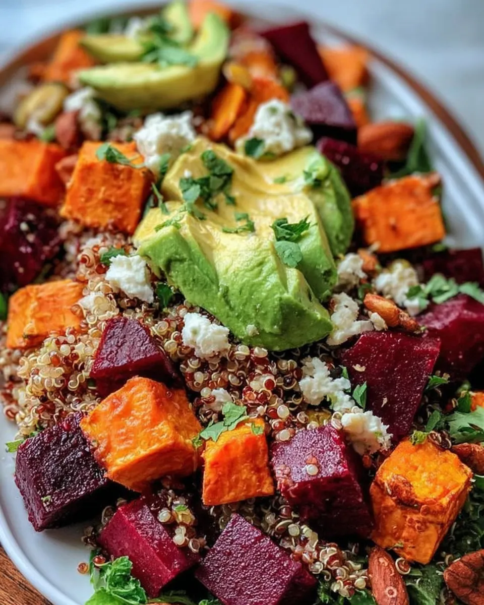 Roasted Sweet Potato and Beet Quinoa Salad served in a rustic bowl