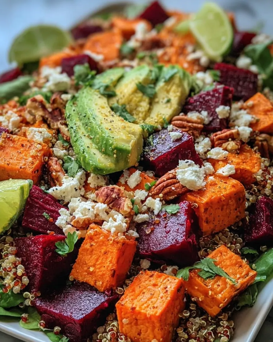Roasted Sweet Potato and Beet Quinoa Salad with Avocado Lime Dressing