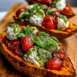 Roasted sweet potatoes stuffed with ricotta, cherry tomatoes and pesto