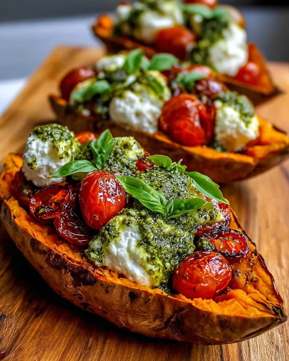 Roasted sweet potatoes stuffed with ricotta, cherry tomatoes and pesto