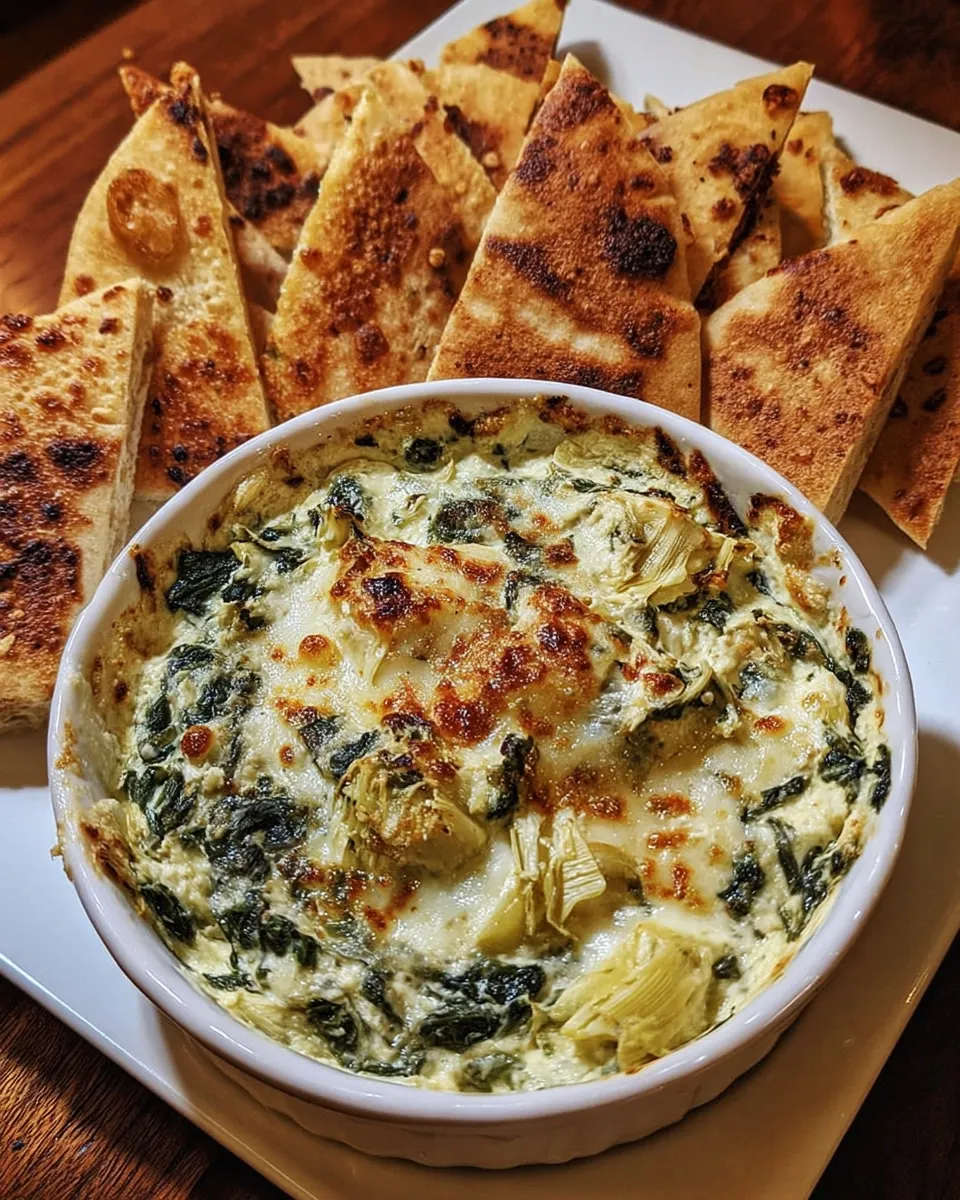Spinach and artichoke dip with olive oil and pita chips served in a rustic baking dish