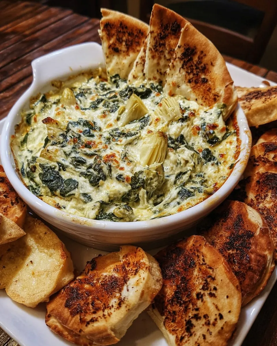 Scooping spinach and artichoke dip with a warm pita chip