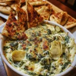 Creamy spinach and artichoke dip baked with olive oil, served warm with golden pita chips on the side.
