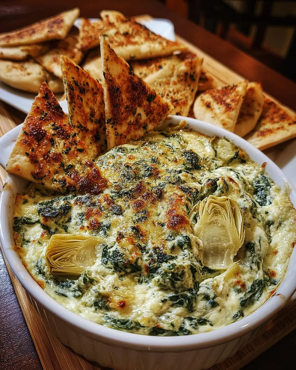 Creamy spinach and artichoke dip baked with olive oil, served warm with golden pita chips on the side.