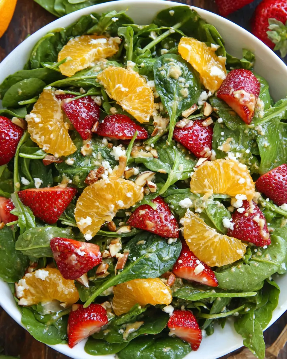 Fresh strawberry orange salad with spinach and arugula, garnished with citrus slices and served in a white bowl.