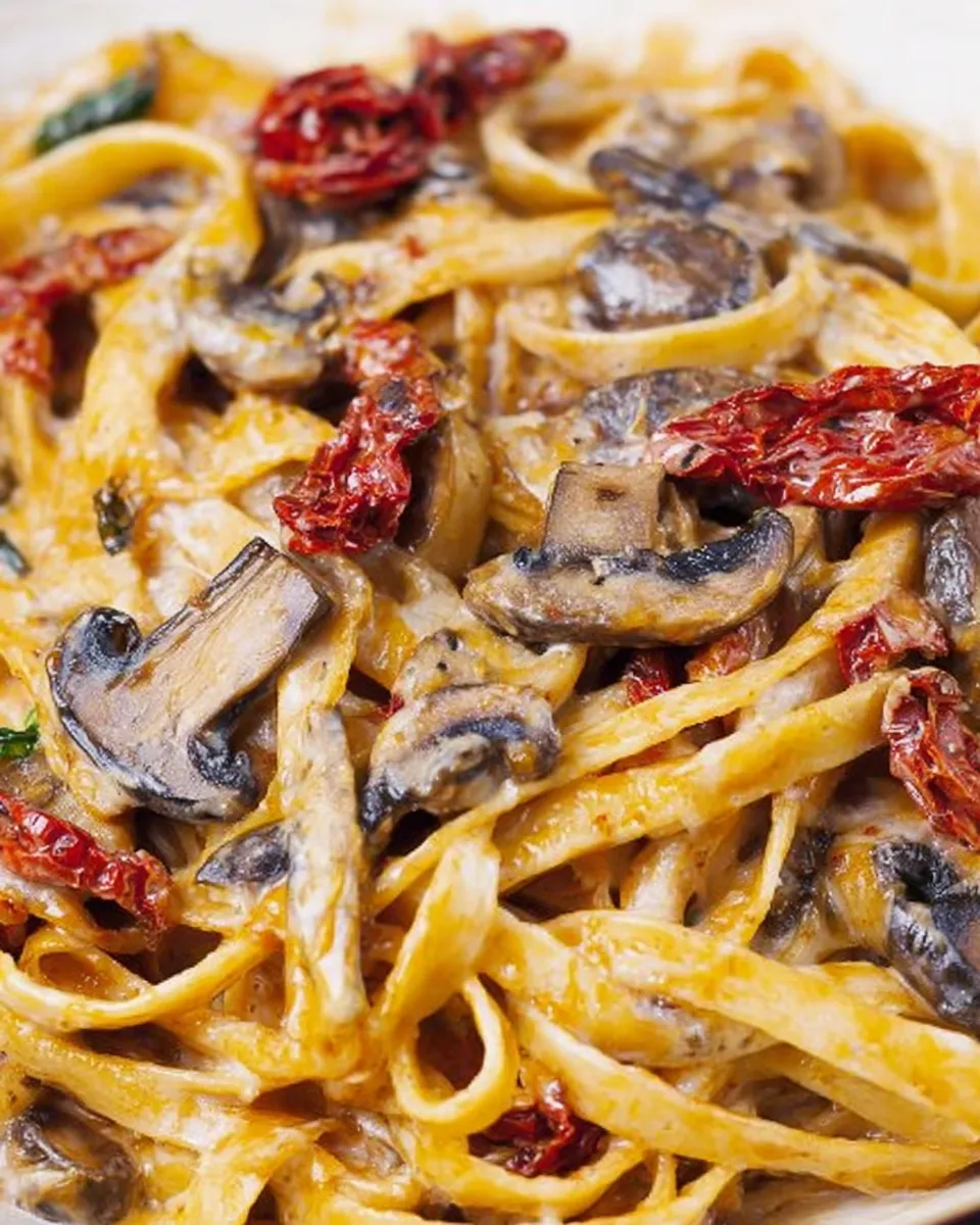 Fettuccine tossed in creamy tomato mushroom sauce