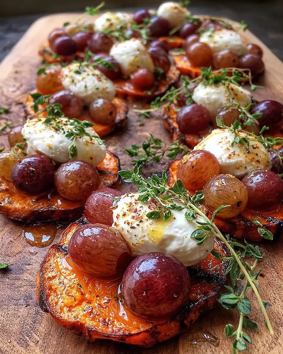 Hand plating sweet potato appetizer with burrata and grapes