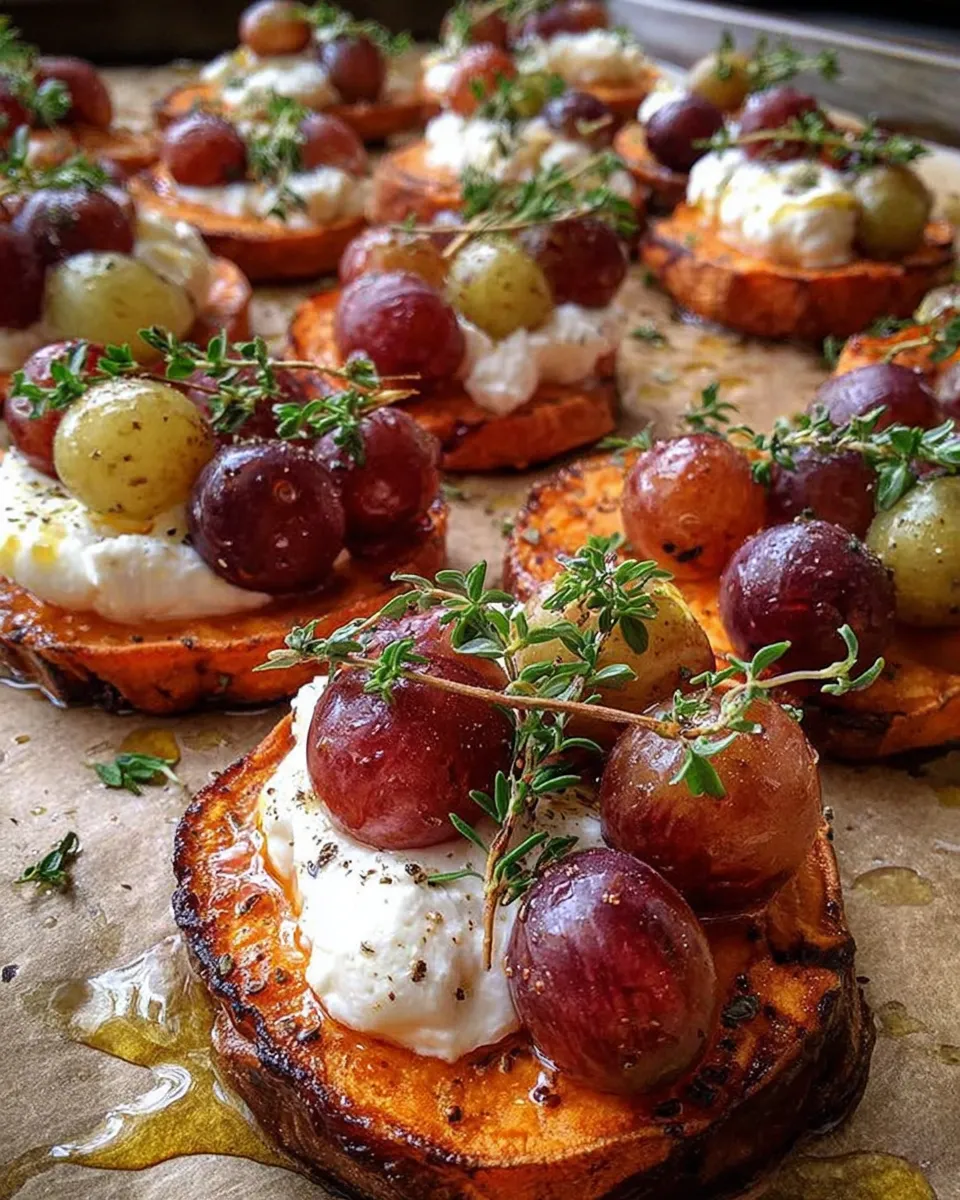 Sweet potato rounds with burrata, honey and roasted grapes