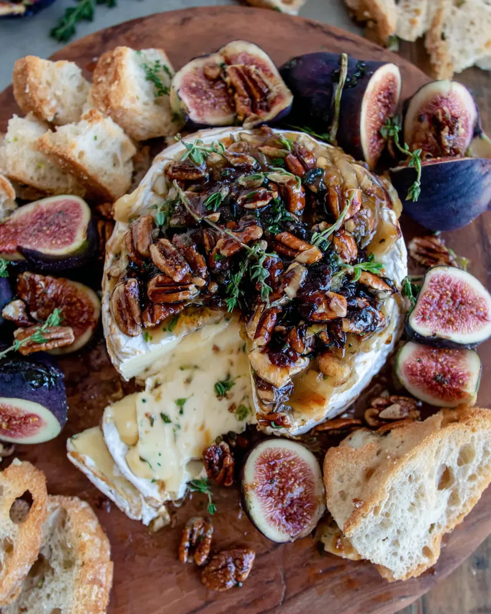 Baked Brie with Figs and Pecans served with sliced bread