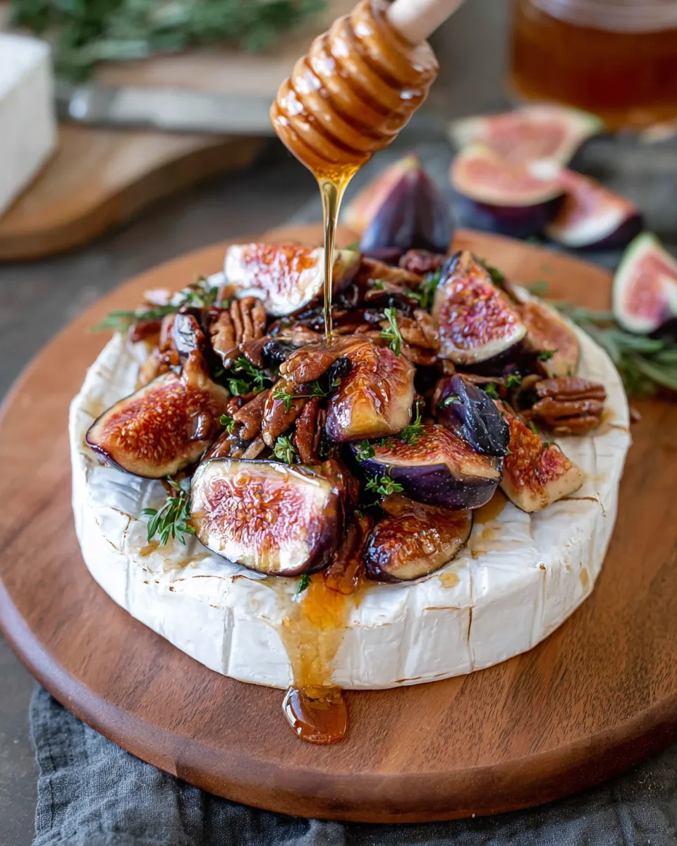 Warm Baked Brie with Figs and Pecans being prepared with fig jam and honey drizzle