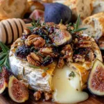 Warm Baked Brie with Figs and Pecans served on a rustic board with honey and herbs