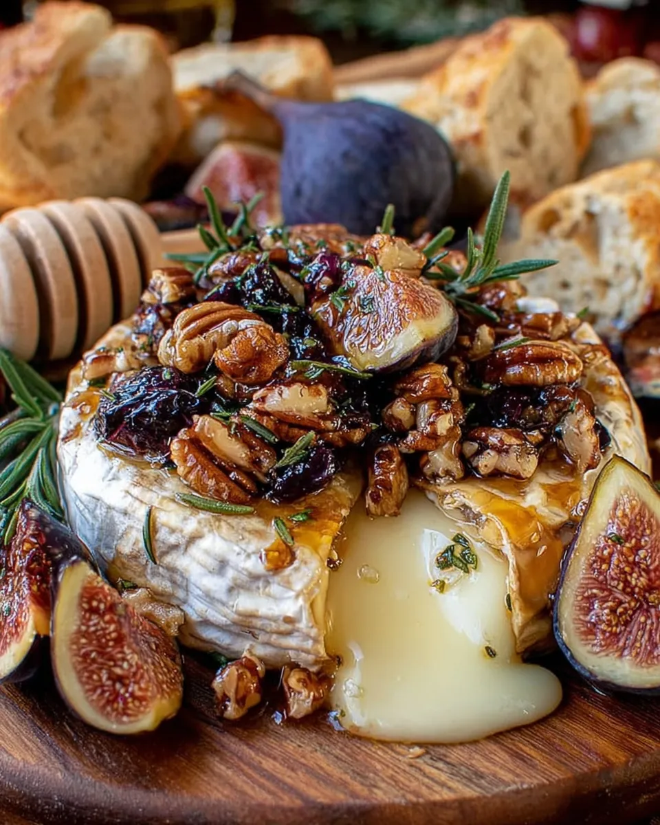 Warm Baked Brie with Figs and Pecans served on a rustic board with honey and herbs