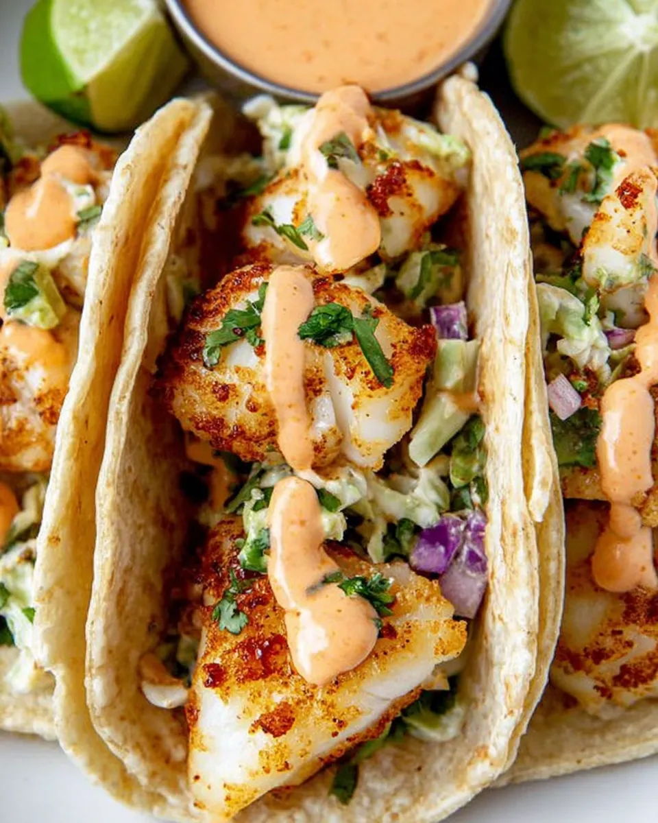 Assembled fish tacos with toppings